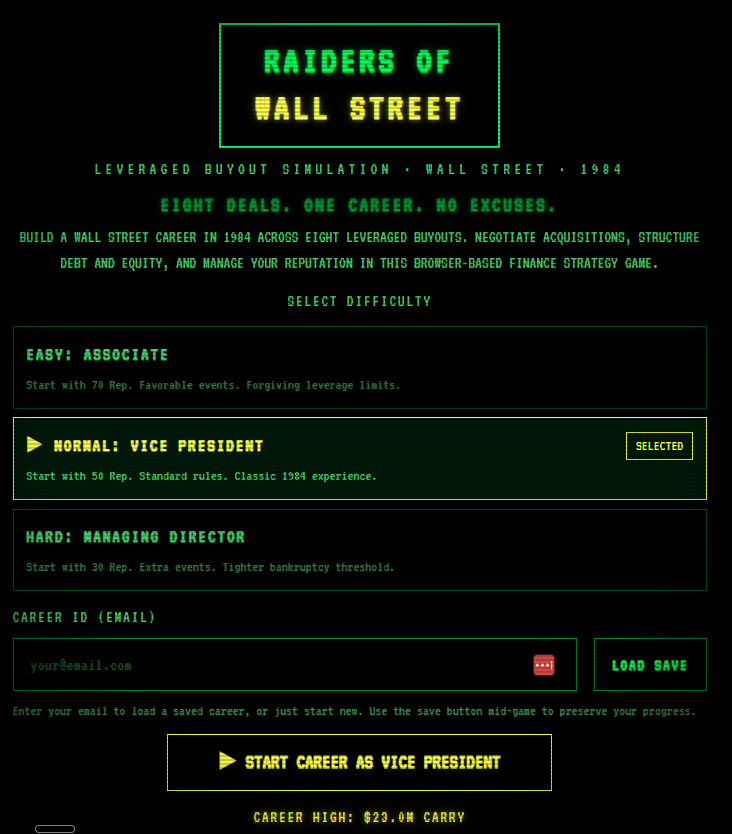 Raiders of Wall Street start screen, with Associate, Vice President and Managing Director difficulty options