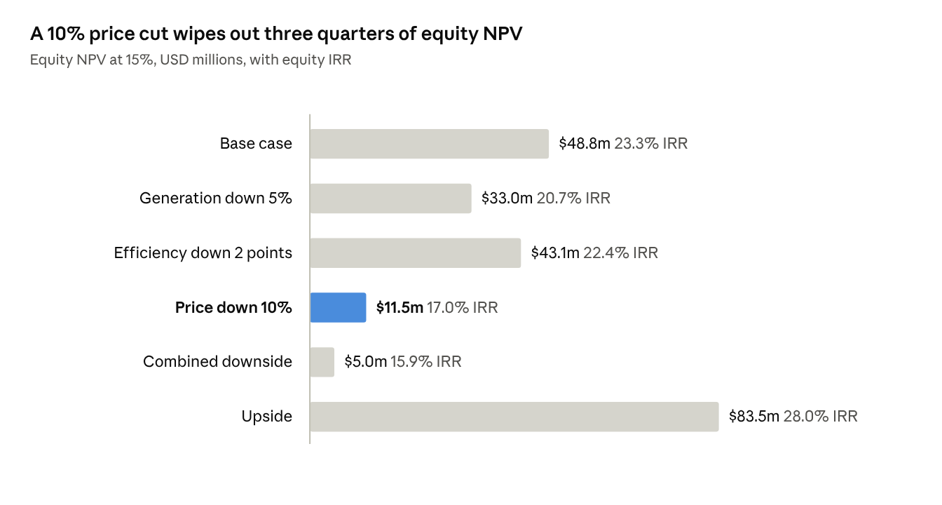 Six scenarios comparing equity NPV and IRR. A 10% price reduction lowers equity NPV from $48.8m to $11.5m.