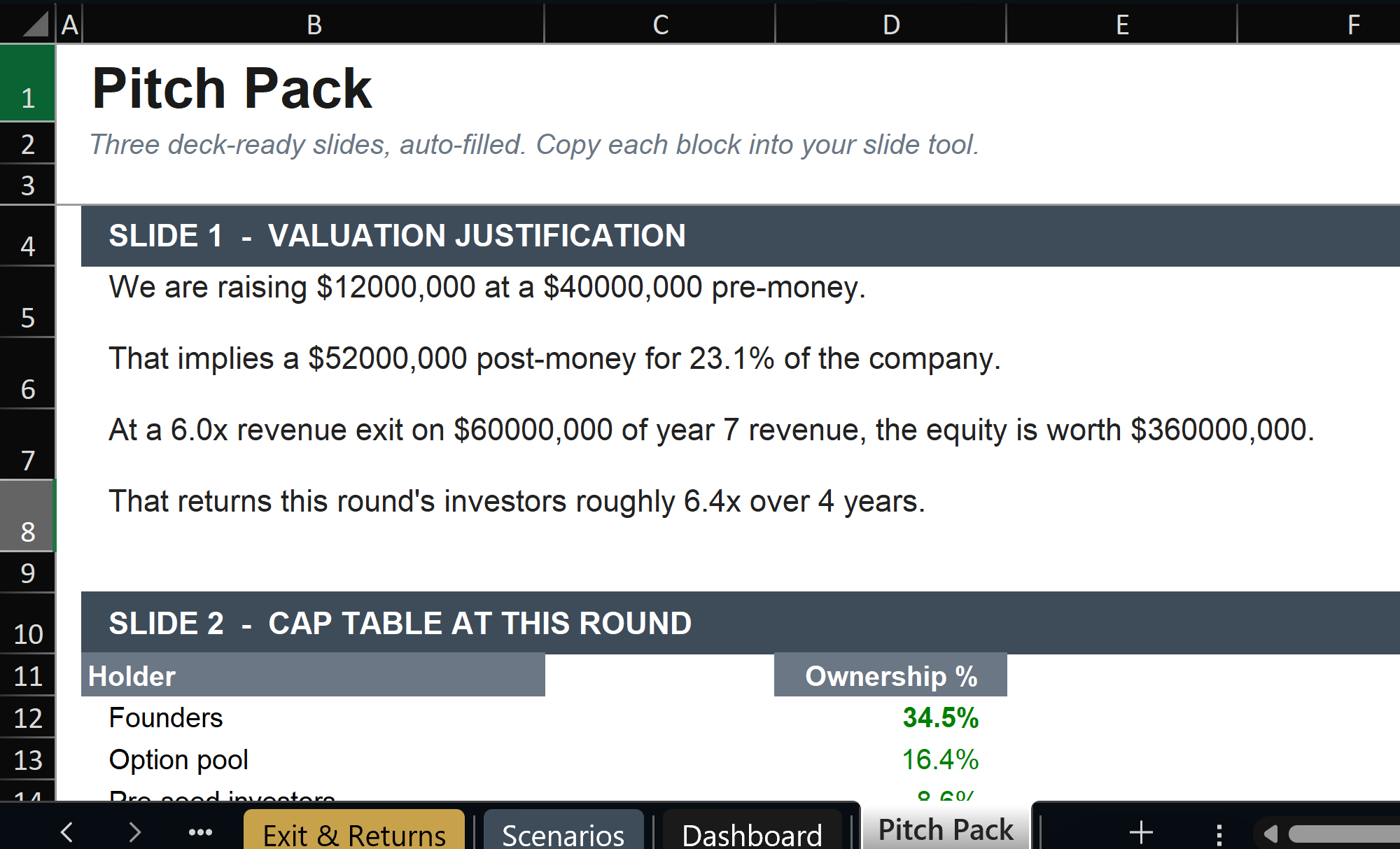 Pitch pack sheet with auto filled valuation justification and cap table slides