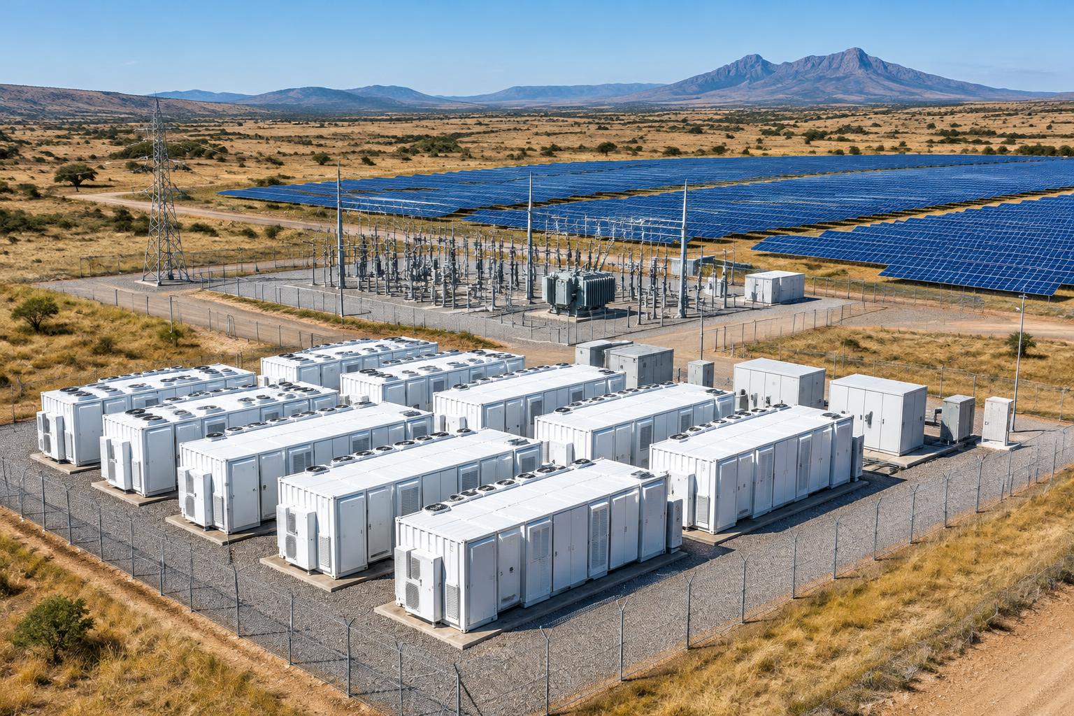 Illustrative hybrid plant with battery storage enclosures, solar panels and a shared electrical substation
