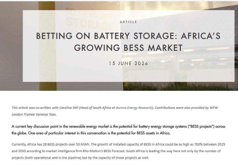 Banner for the Watson Farley & Williams article Betting on battery storage: Africa's growing BESS market, showing solar panels behind the title